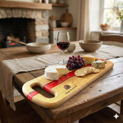 Handmade large oak and red resin river charcuterie serving board UK shown on farmhouse table artisan gifts uk