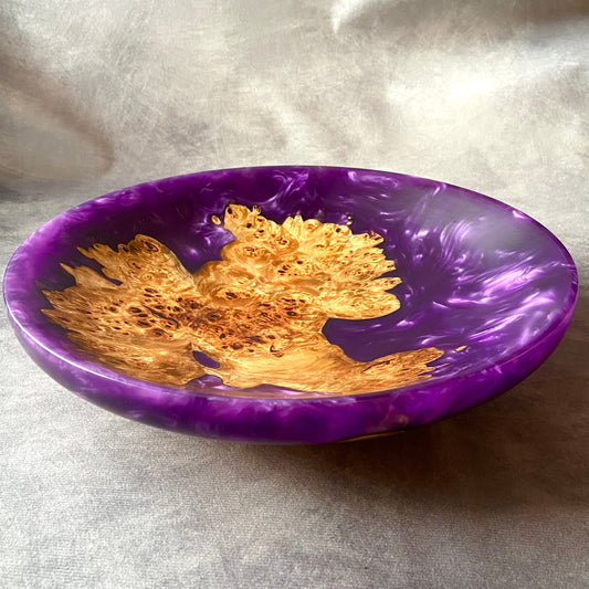 Handmade large purple resin bowl with mappa burr wood – artisan epoxy and burl centrepiece showing natural grain and swirling violet resin finish.