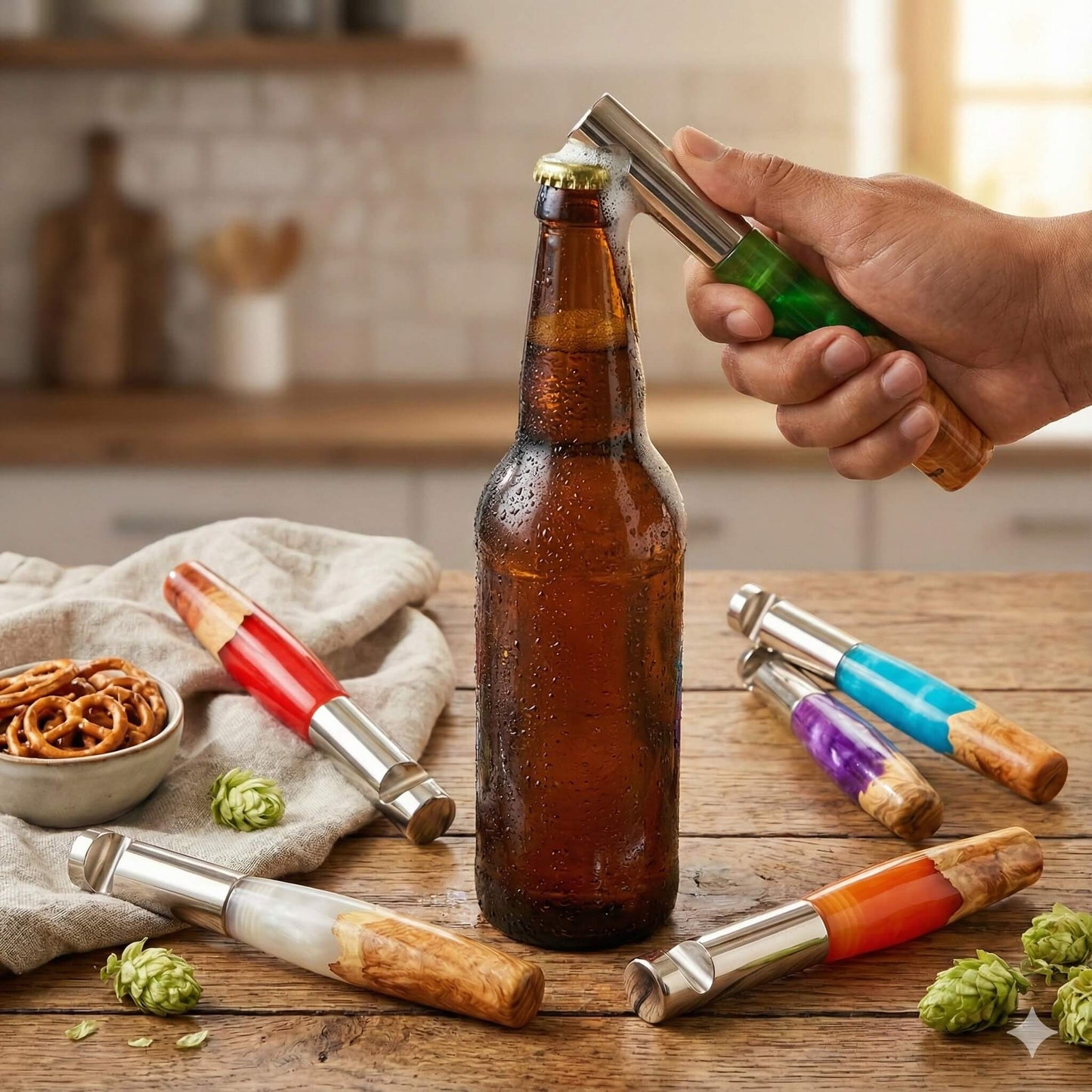 handmade various colours resin and burr wood bottle openers shown on bar with beer bottle artisan gifts uk