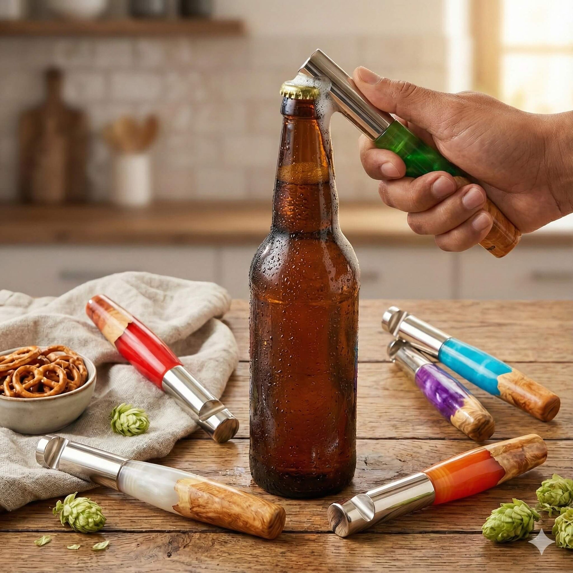 handmade various colours resin and burr wood bottle openers shown on bar with beer bottle artisan gifts uk