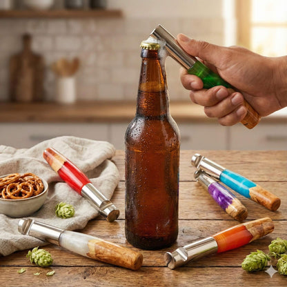 handmade various colours resin and burr wood bottle openers shown on bar with beer bottle artisan gifts uk