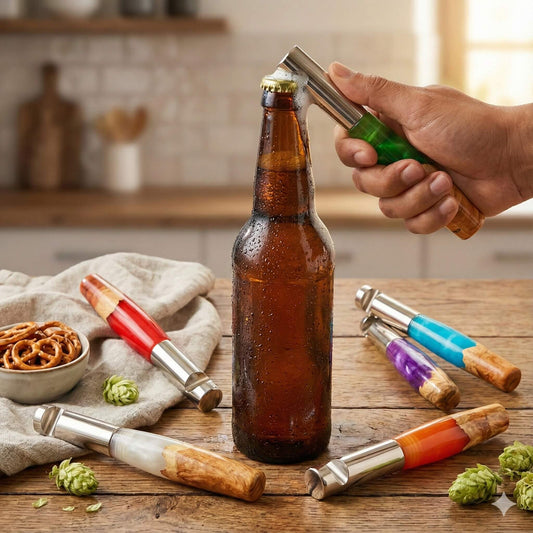 handmade various colours resin and burr wood bottle openers shown on bar with beer bottle artisan gifts uk