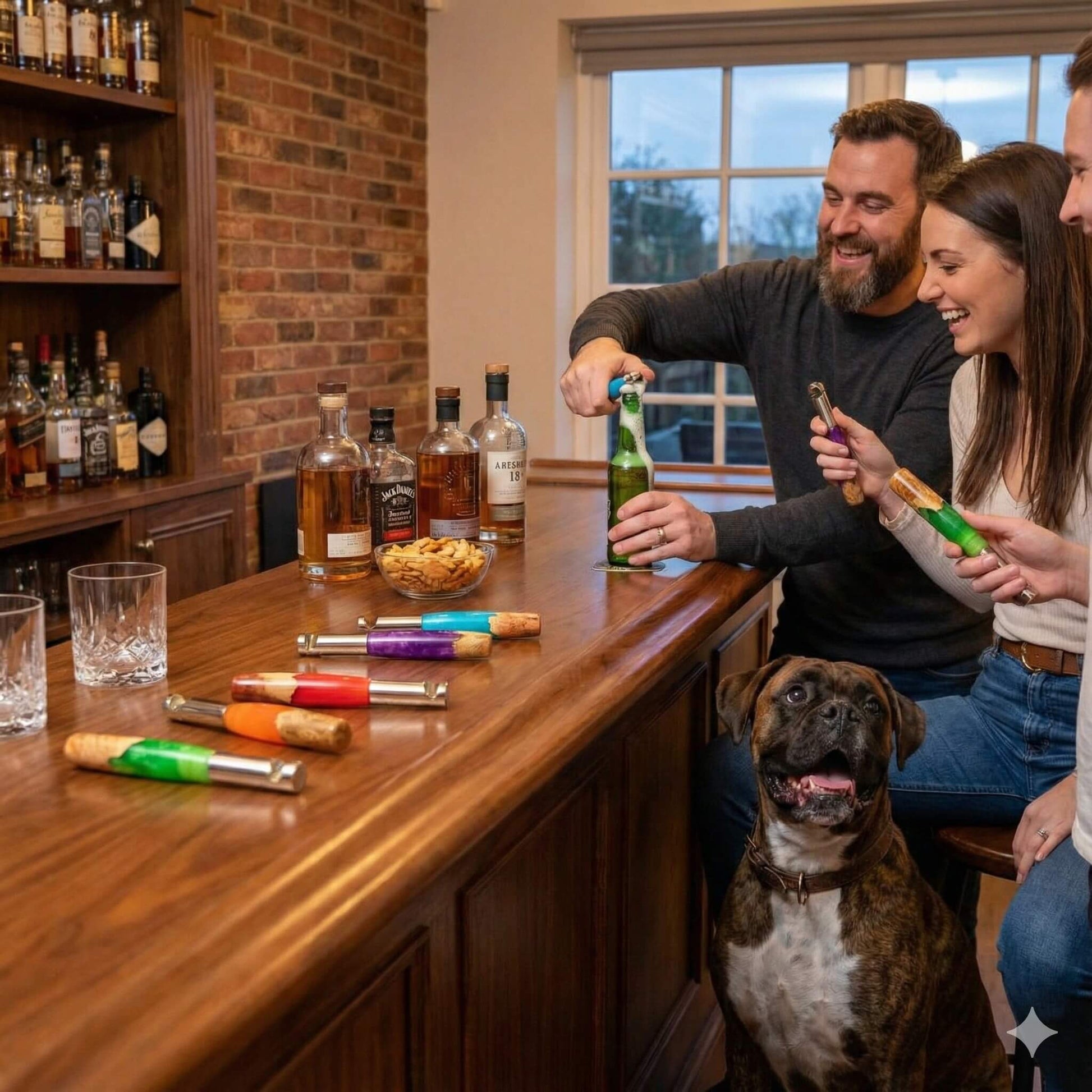 handmade various colours resin and burr wood bottle openers shown on bar with people and boxer dog bottle artisan gifts uk