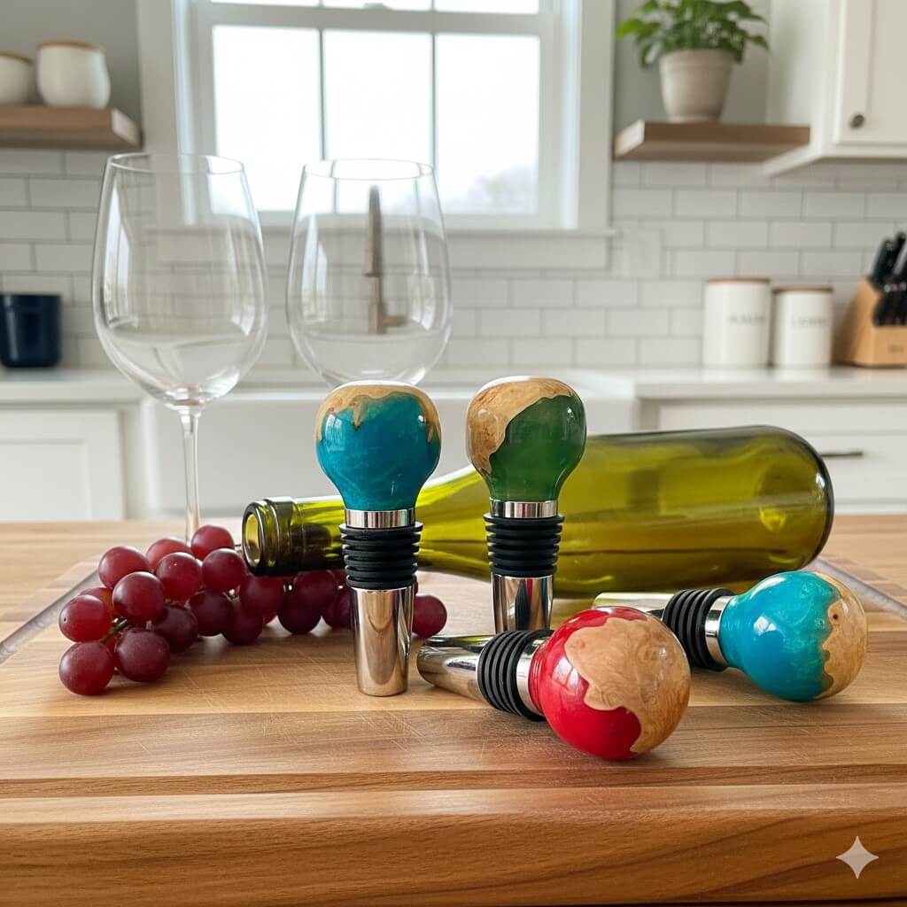 handmade various colours resin wine stoppers on kitchen board with wine glasses