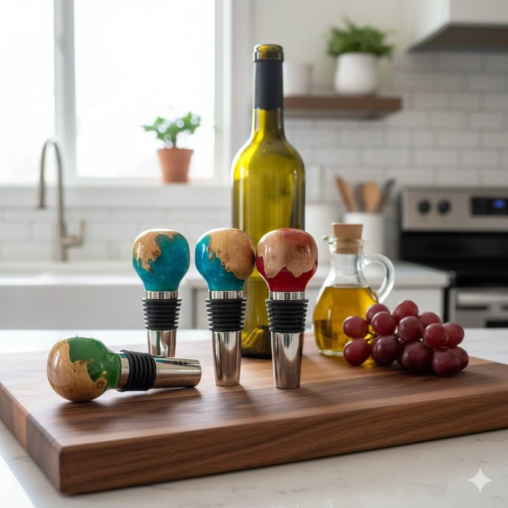 handmade various colours resin and burr wine stoppers on kitchen board with wine bottle