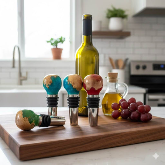 handmade various colours resin and burr wine stoppers on kitchen board with wine bottle