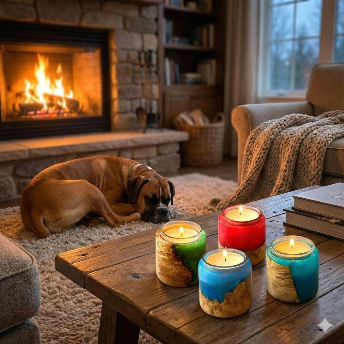 handmade various colours resin and burr wood tealight holders shown on coffee table with boxer dog sleeping artisan home decor