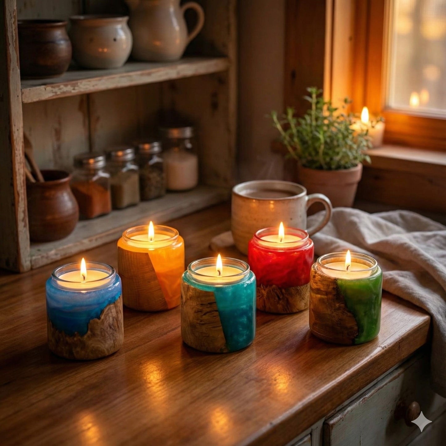handmade various colours resin and burr wood tealight holders shown on kitchen worktop artisan home decor
