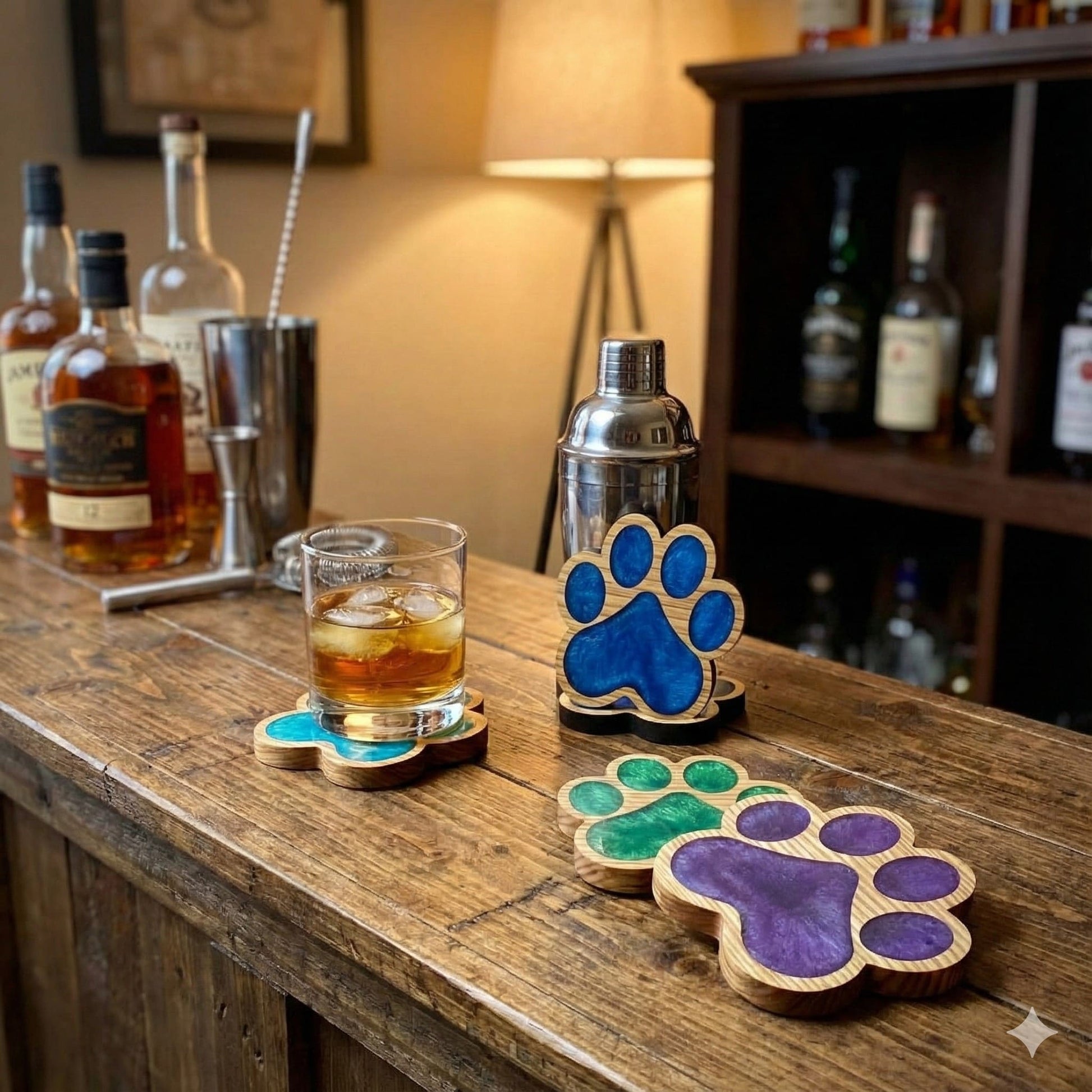 handmade various colours resin and wood pawprint coasters on bar with drinks artisan decor gifts uk
