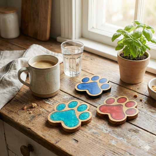 handmade various colours resin and wood pawprint coasters on kitchen worktop artisan decor gifts uk