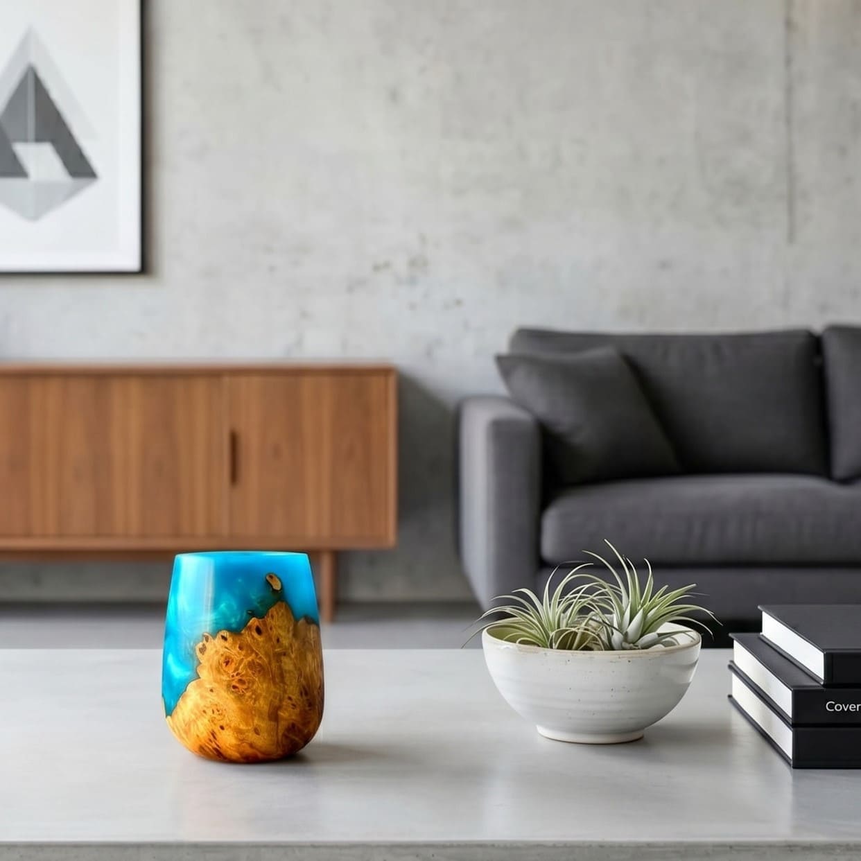 Hand-turned wooden art vessel displayed as organic home decor.