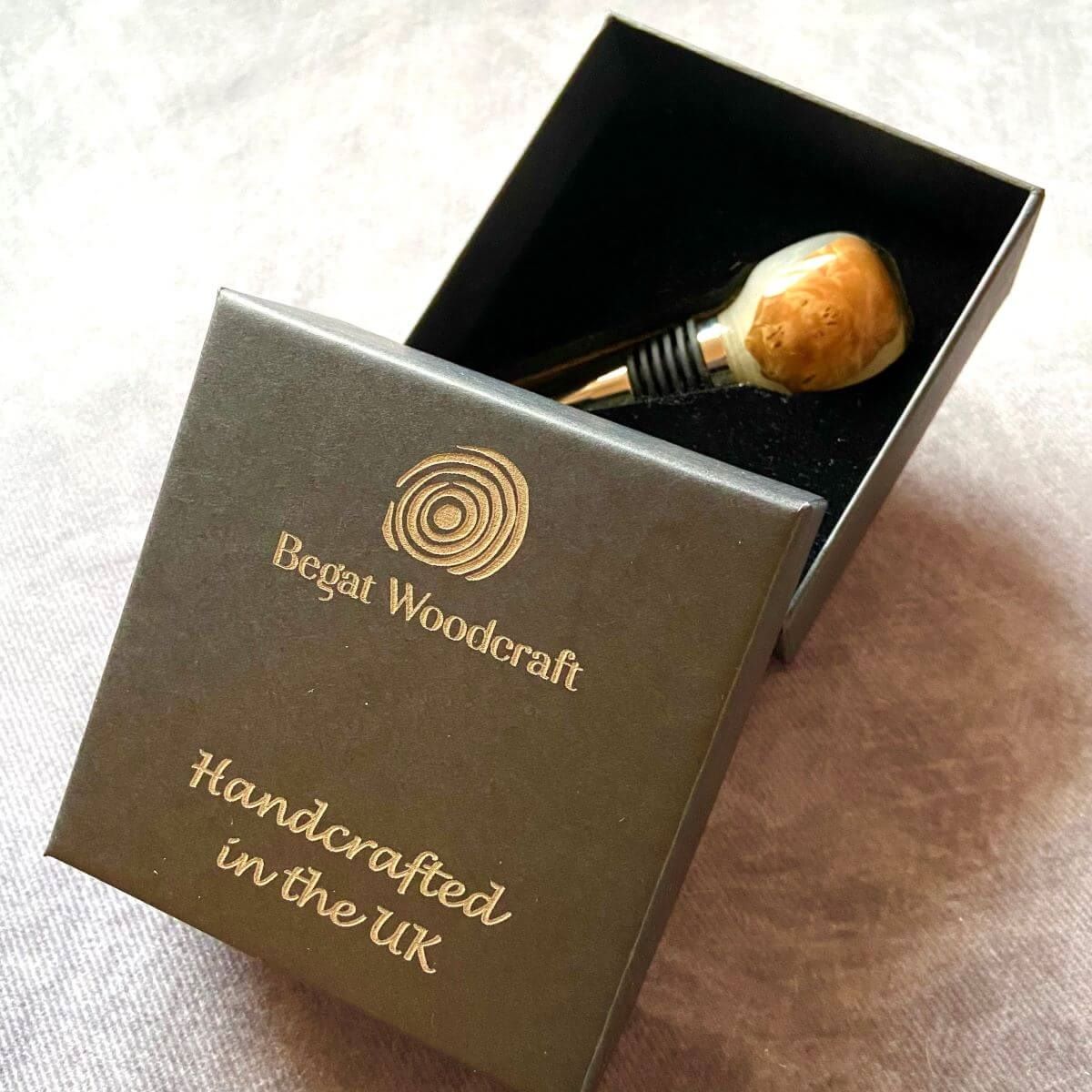 handmade wooden gift wine stopper in begat woodcraft gift box