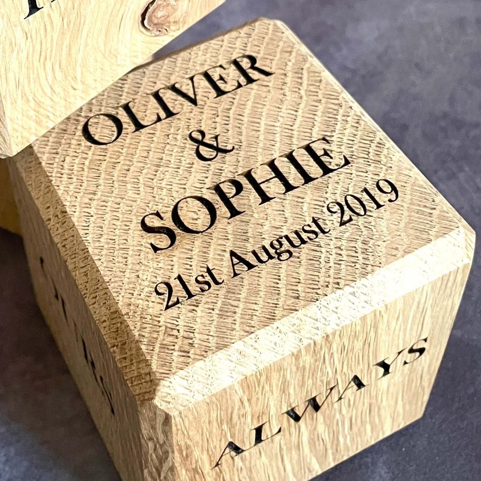 close up top view of Oak Cube showing engraving options.