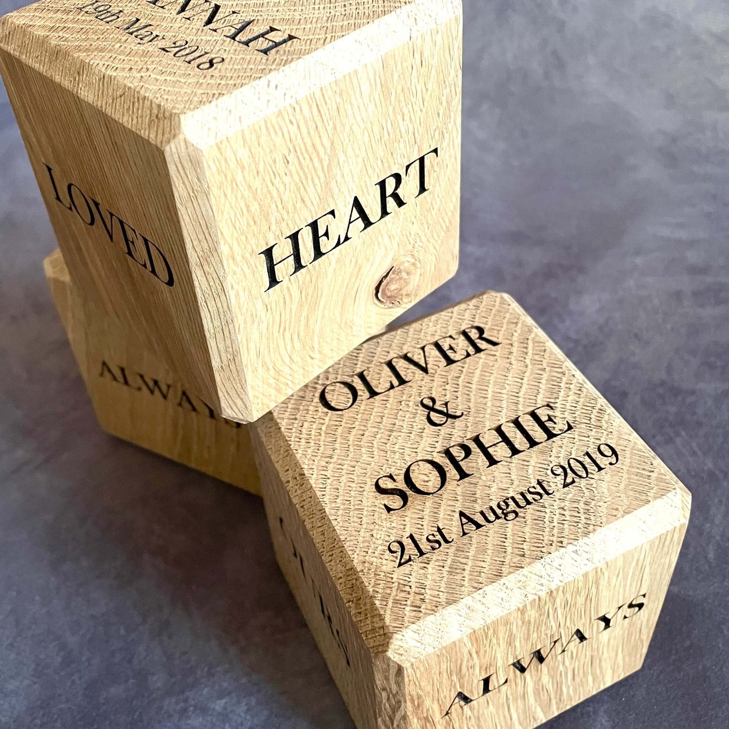 top view of Oak Cube showing engraving options.