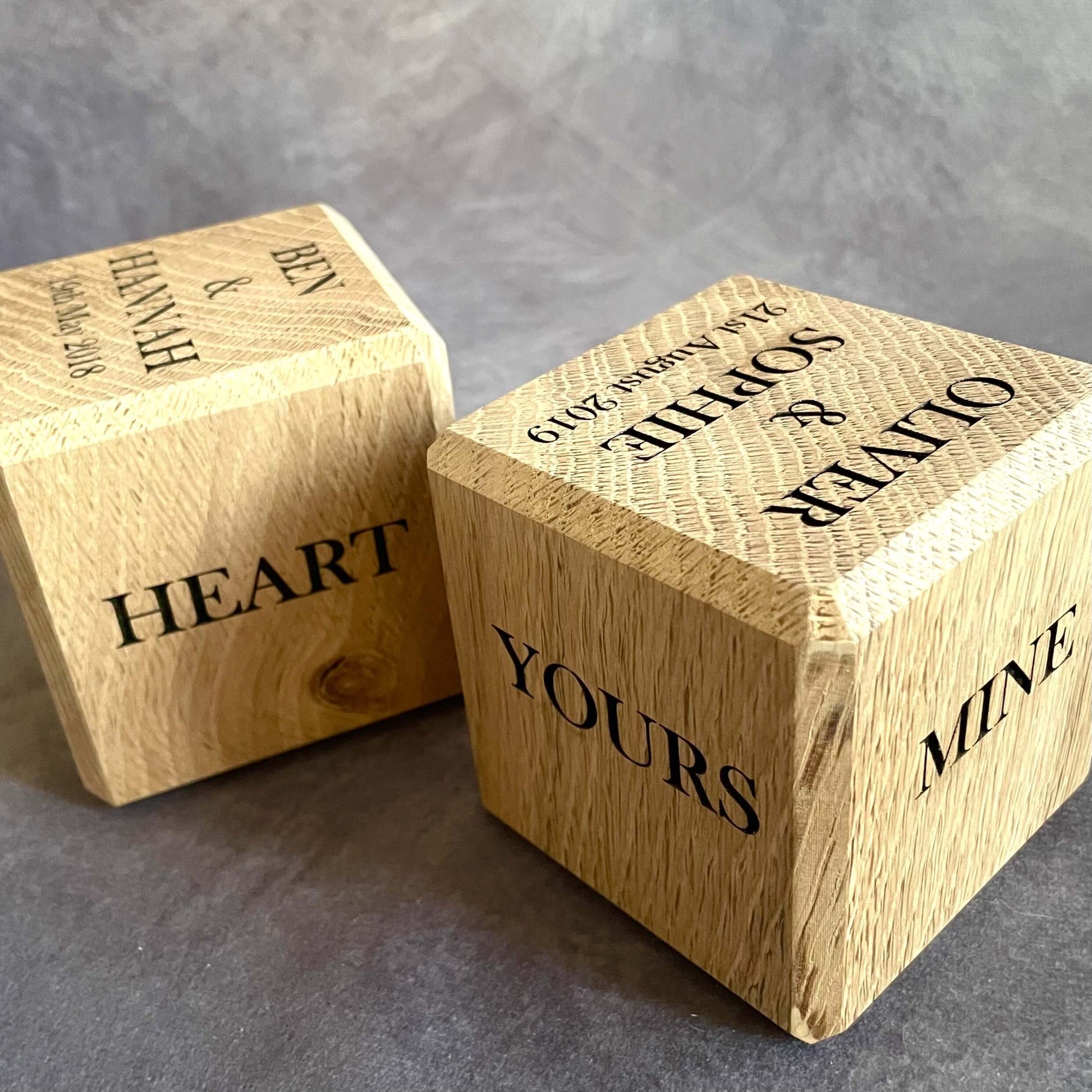 Handmade Personalised Oak 5th Anniversary Cube 80mm front view handmade wooden gifts UK.
