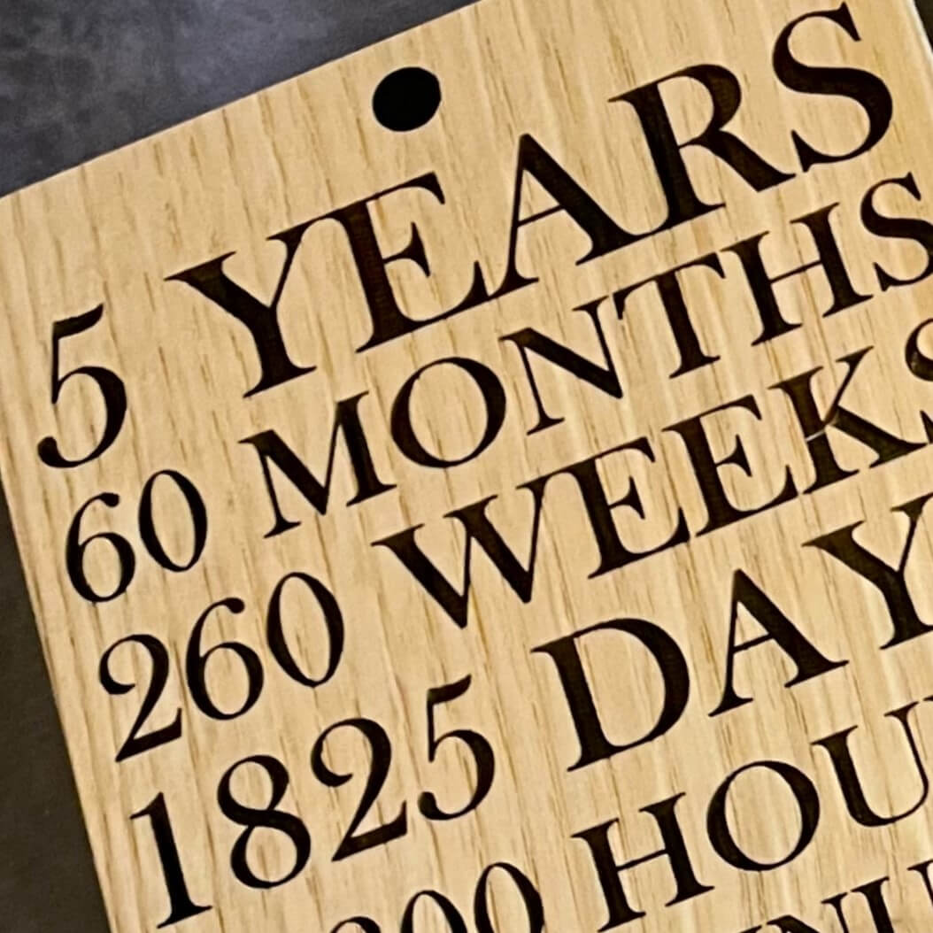 Wooden plaque with engraved time calculation from years to hours.