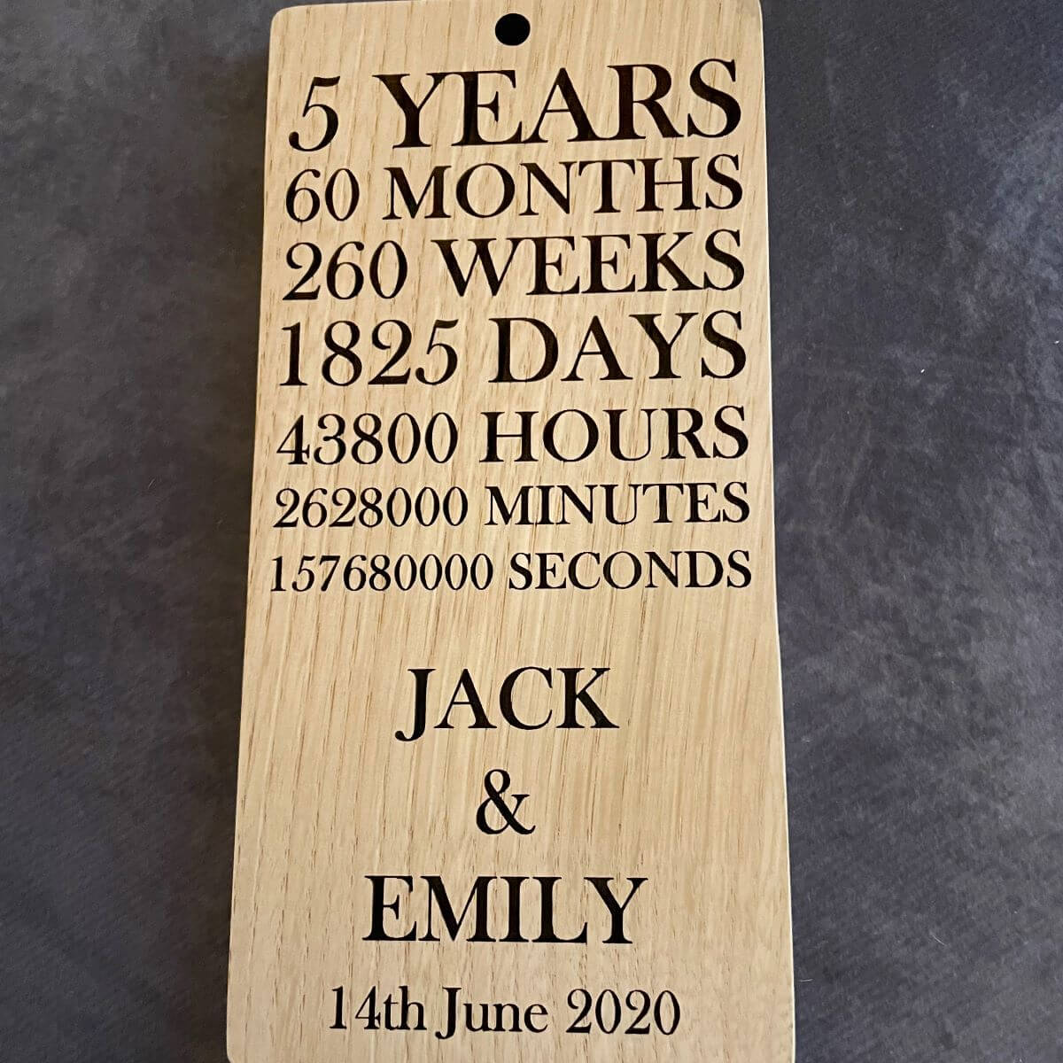 Handmade Personalised Oak 5th Anniversary Wall Plaque handmade wooden gifts UK.