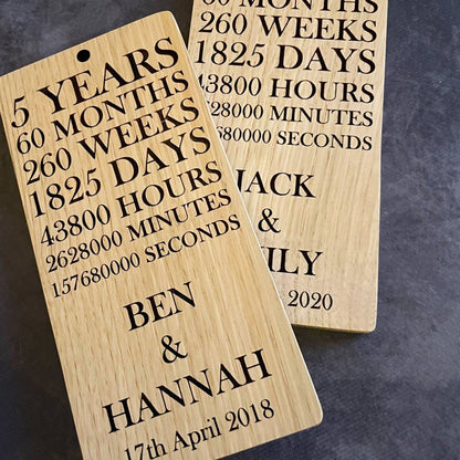 Handmade Personalised Oak 5th Anniversary Wall Plaque 185mm front view handmade wooden gifts UK.
