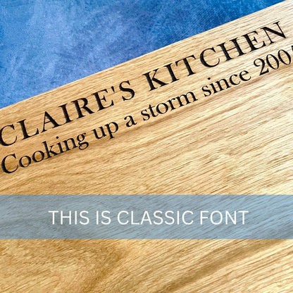 laser engraved personalised chopping board showing classic font style