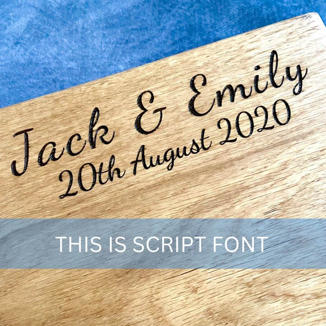 laser engraved personalised chopping board showing script font style