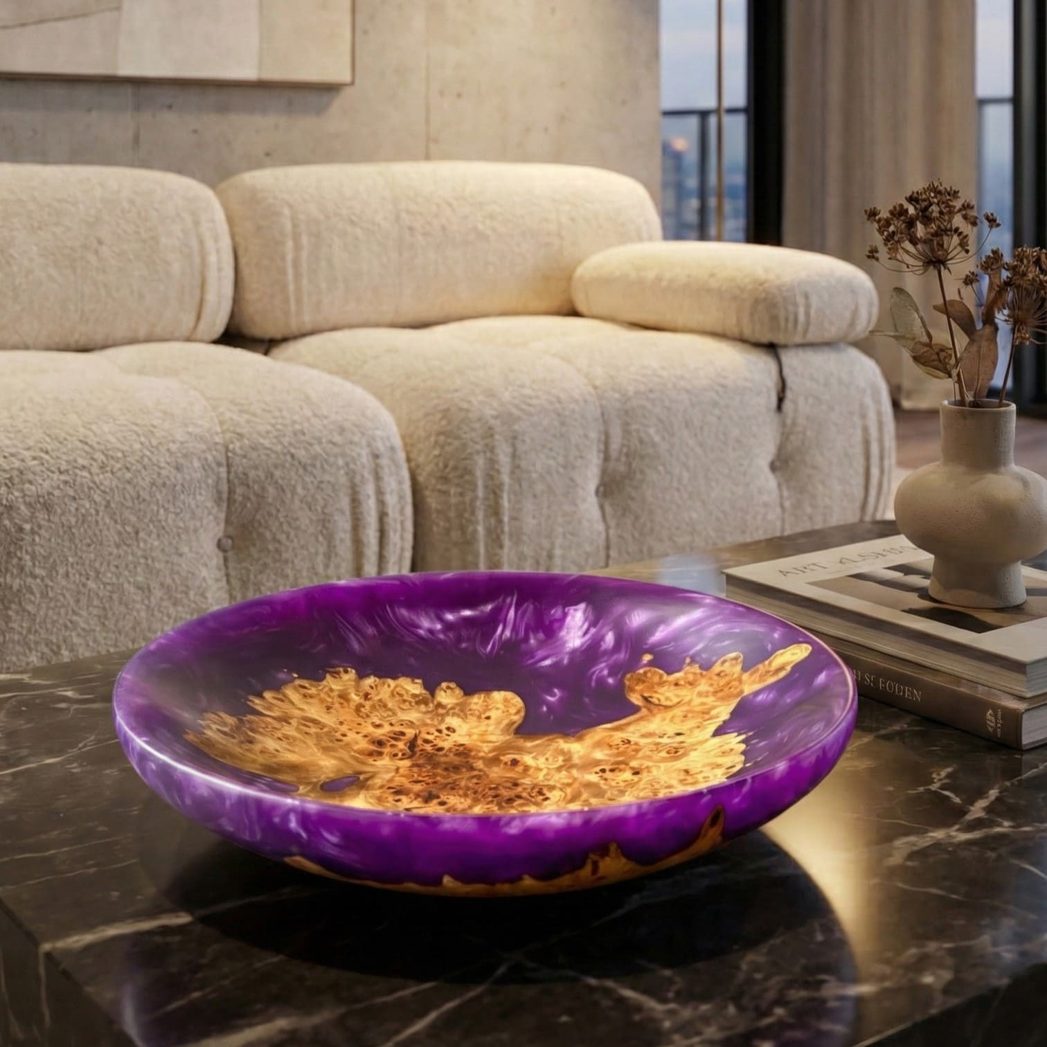 Large purple and wood bowl displayed as statement dining table centrepiece