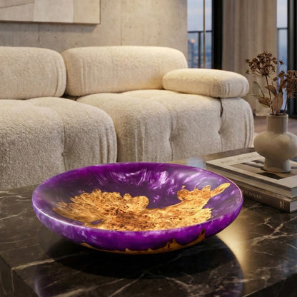 Large purple and wood bowl displayed as statement dining table centrepiece