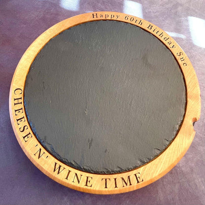 Close up of custom laser engraving on oak rim engraved in Baskerville font. High-quality personalised 