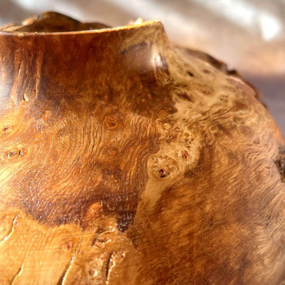 Close up macro shot showing the intricate grain of this luxury wood sculpture and burl wood vase.