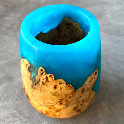 Handmade mappa burr decorative vase 90mm x 110mm front view made in the UK.