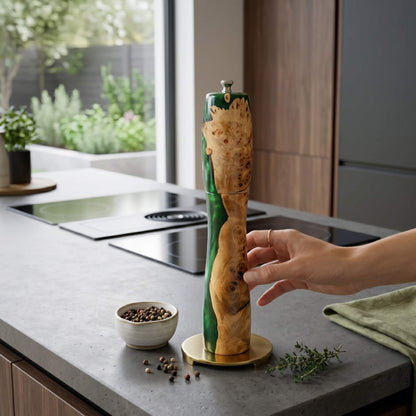 Handmade Mappa Burr pepper mill displayed inside an elegant black magnetic gift box.