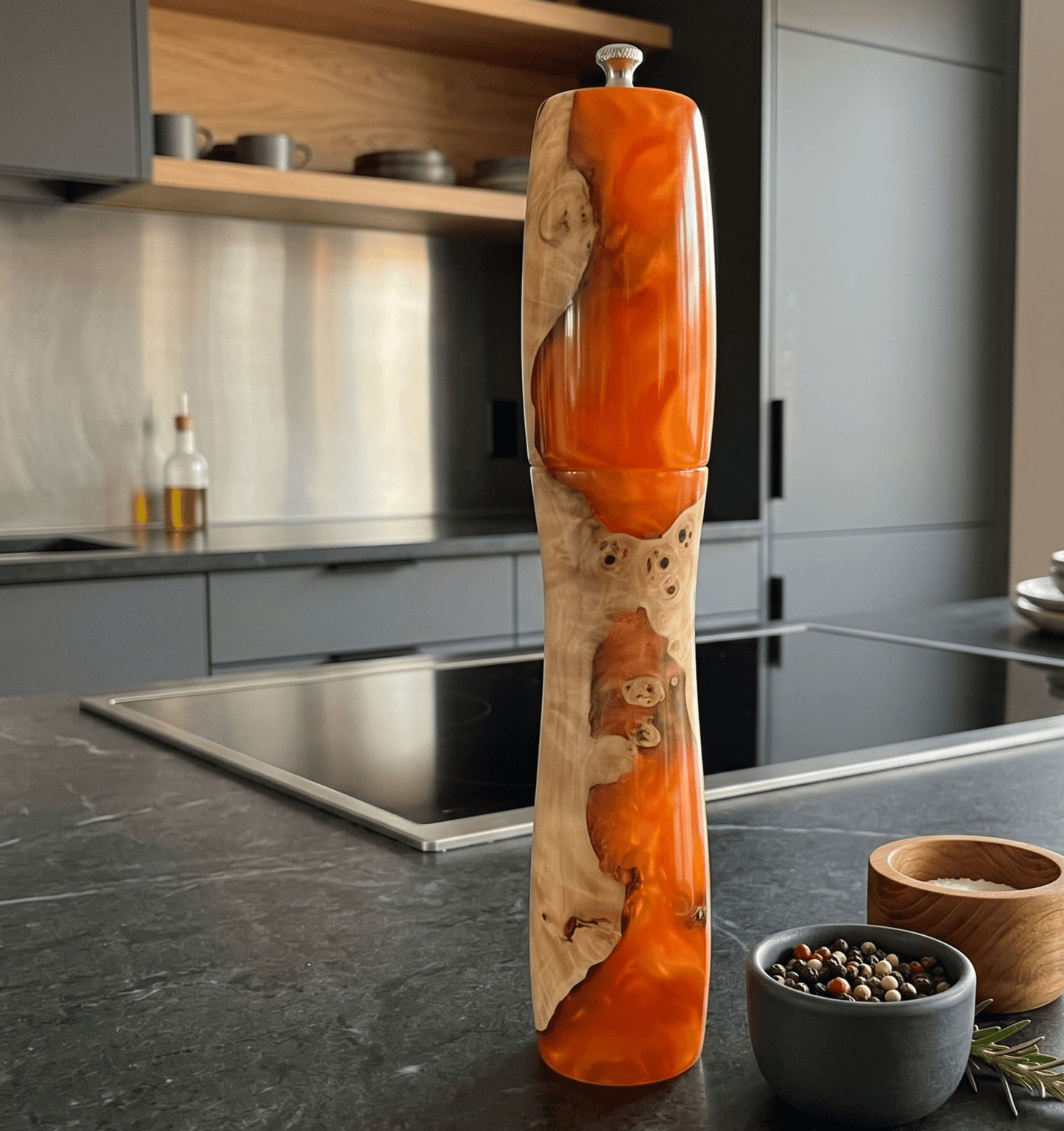 Handmade Mappa Burr pepper mill displayed inside an elegant black magnetic gift box.