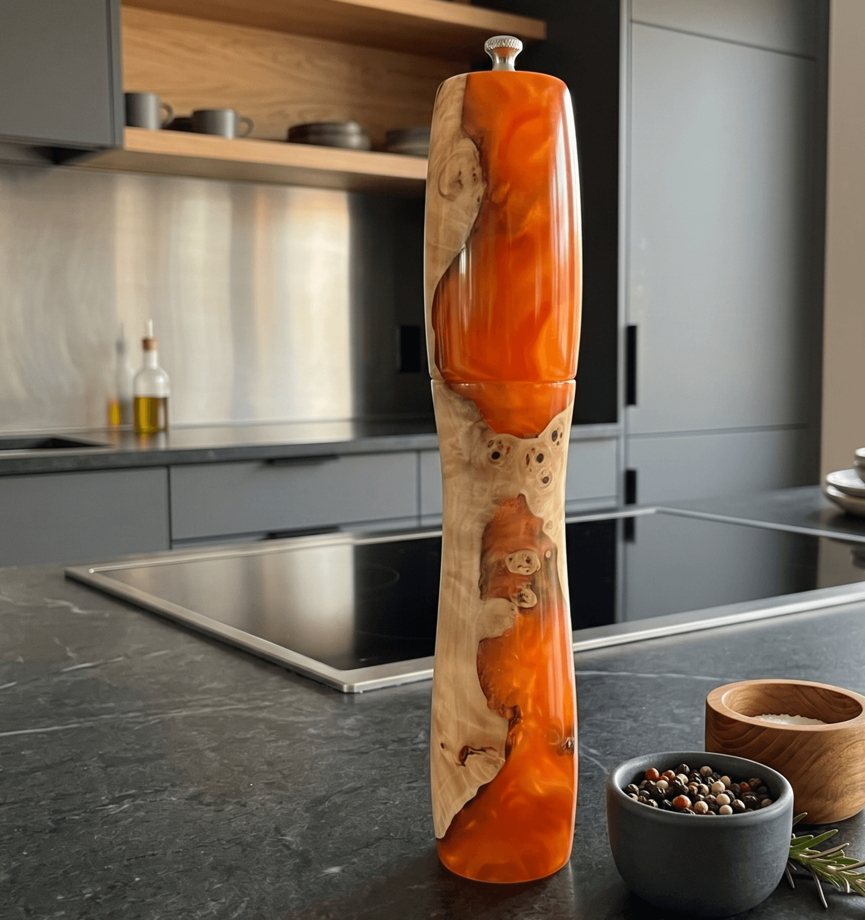 Handmade Mappa Burr pepper mill displayed inside an elegant black magnetic gift box.