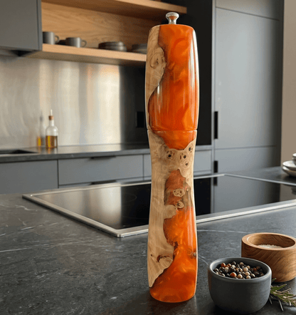 Handmade Mappa Burr pepper mill displayed inside an elegant black magnetic gift box.