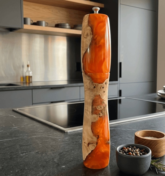 Handmade Mappa Burr pepper mill displayed inside an elegant black magnetic gift box.