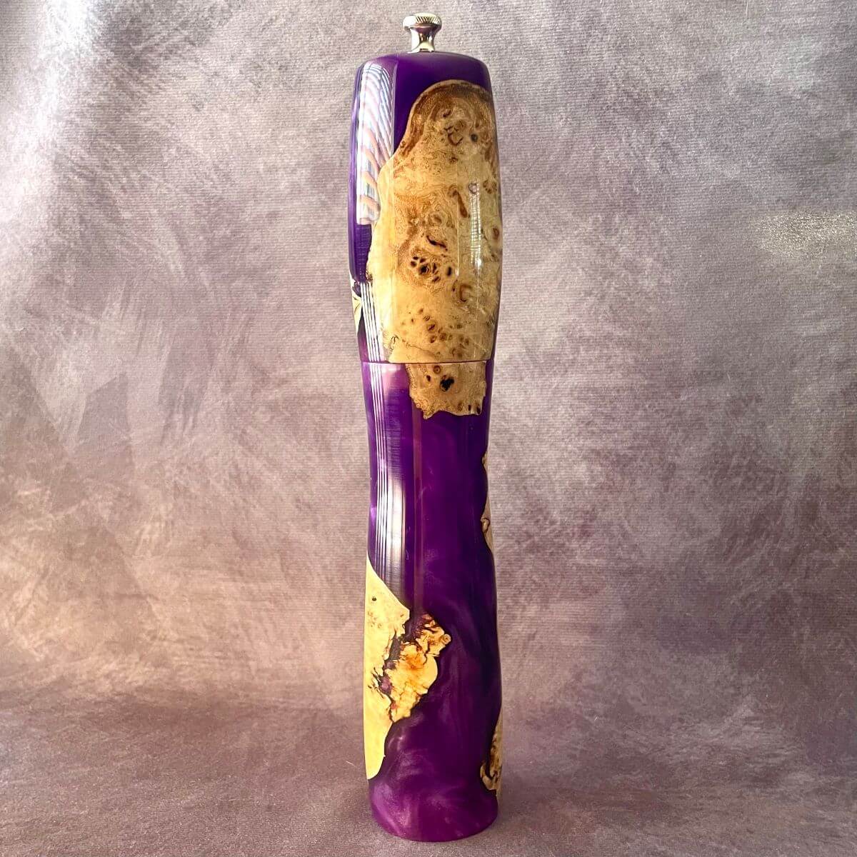 Side profile view of 300mm Mappa Burr and purple resin pepper mill showing the classic turning curve and deep purple tones.