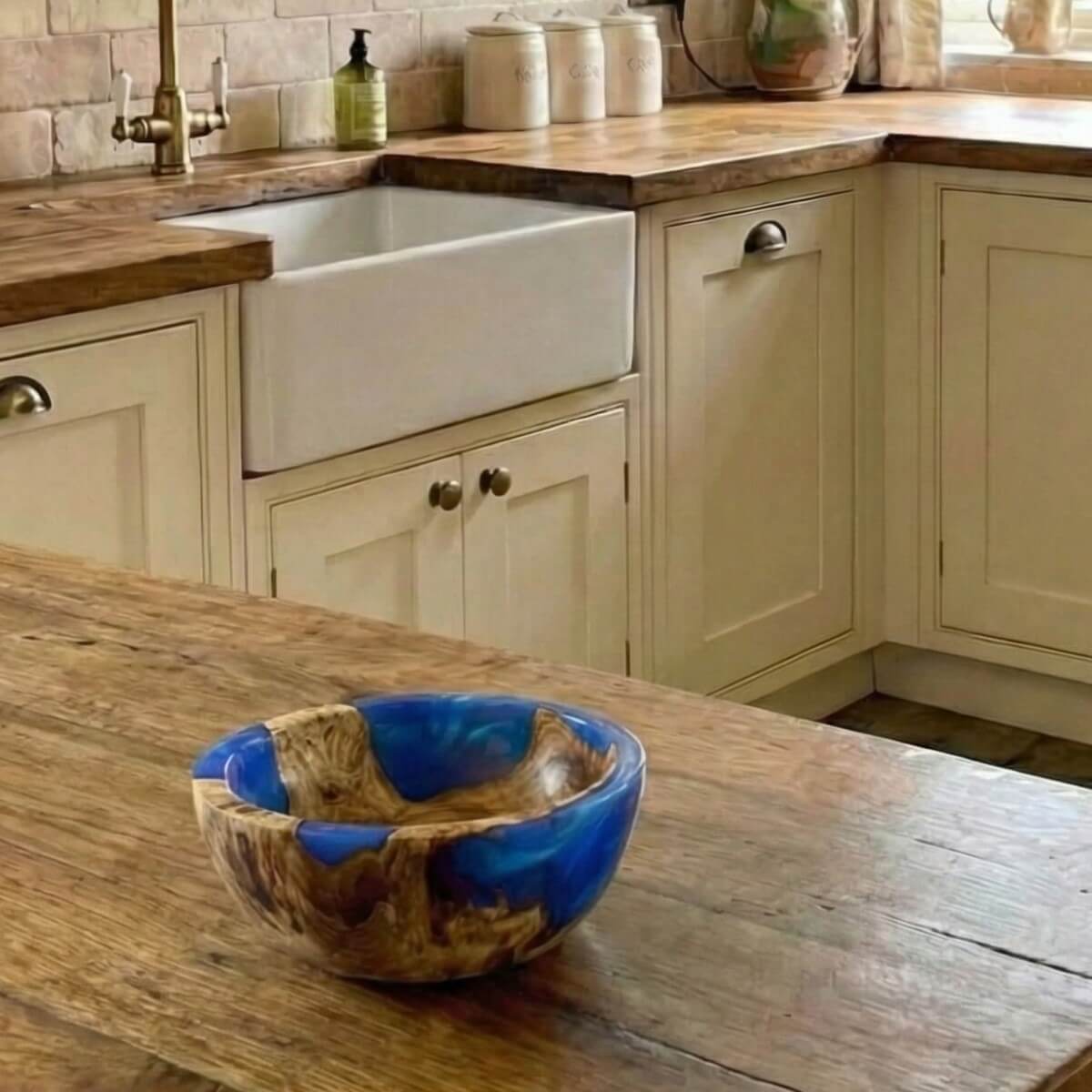 Mappa Burr and Cobalt Blue Resin Bowl displayed on oak worktop in traditional kitchen