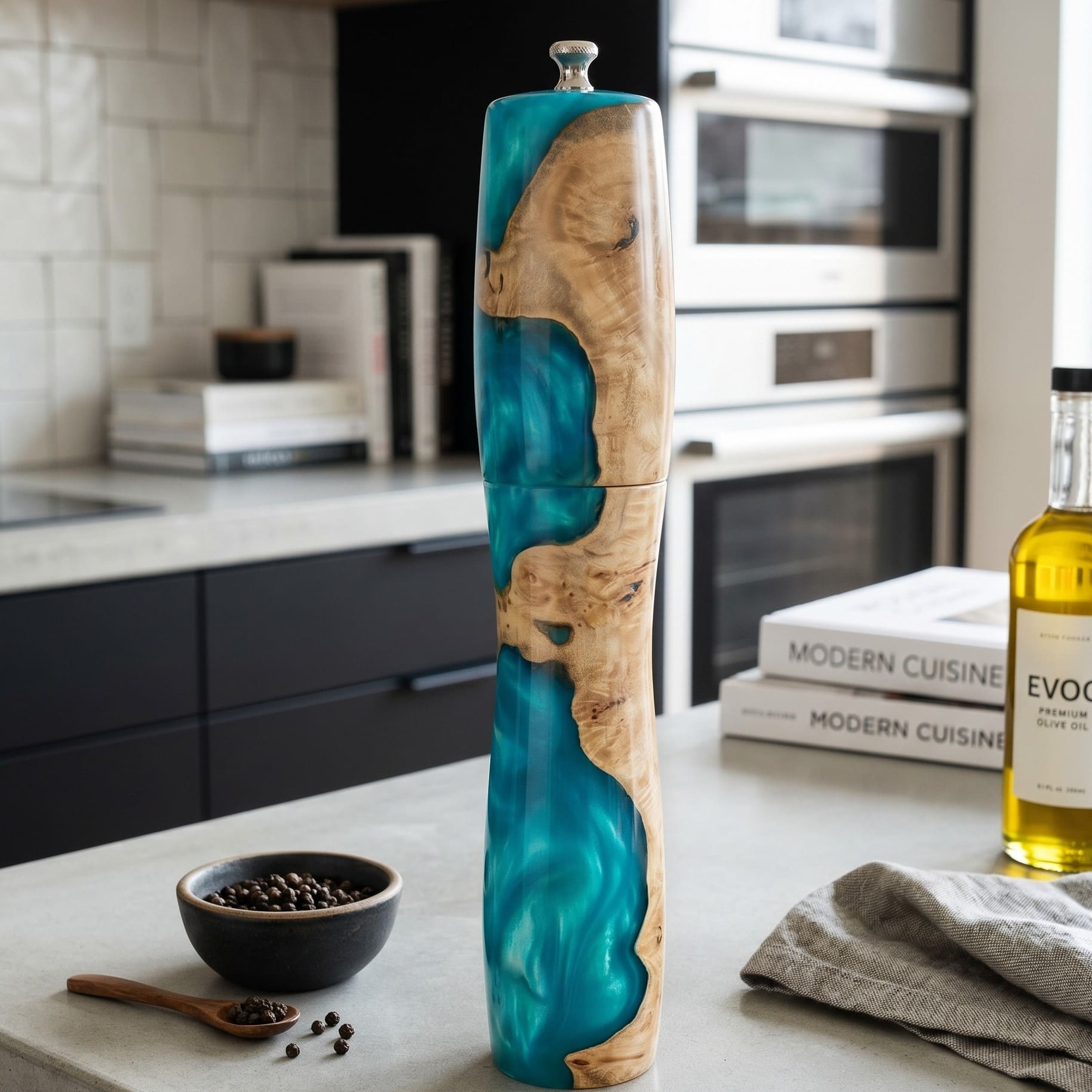 handmade turquoise luxury kitchen gift pepper grinder in kitchen

