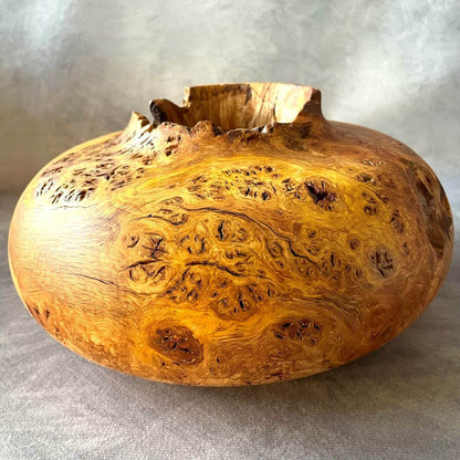 Handmade English oak burr hollow form 240mm x 120mm front view made in Yorkshire.