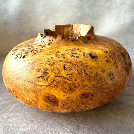 Handmade English oak burr hollow form 240mm x 120mm front view made in Yorkshire.