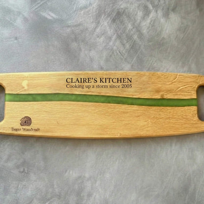 handmade oak charcuterie board with green resin river laser engraved personalised gifts uk