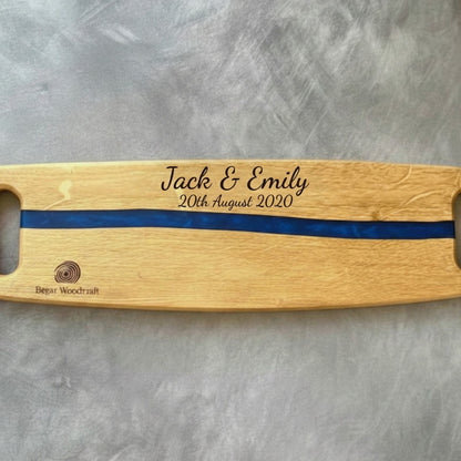 handmade oak charcuterie board with blue resin river laser engraved personalised gifts uk