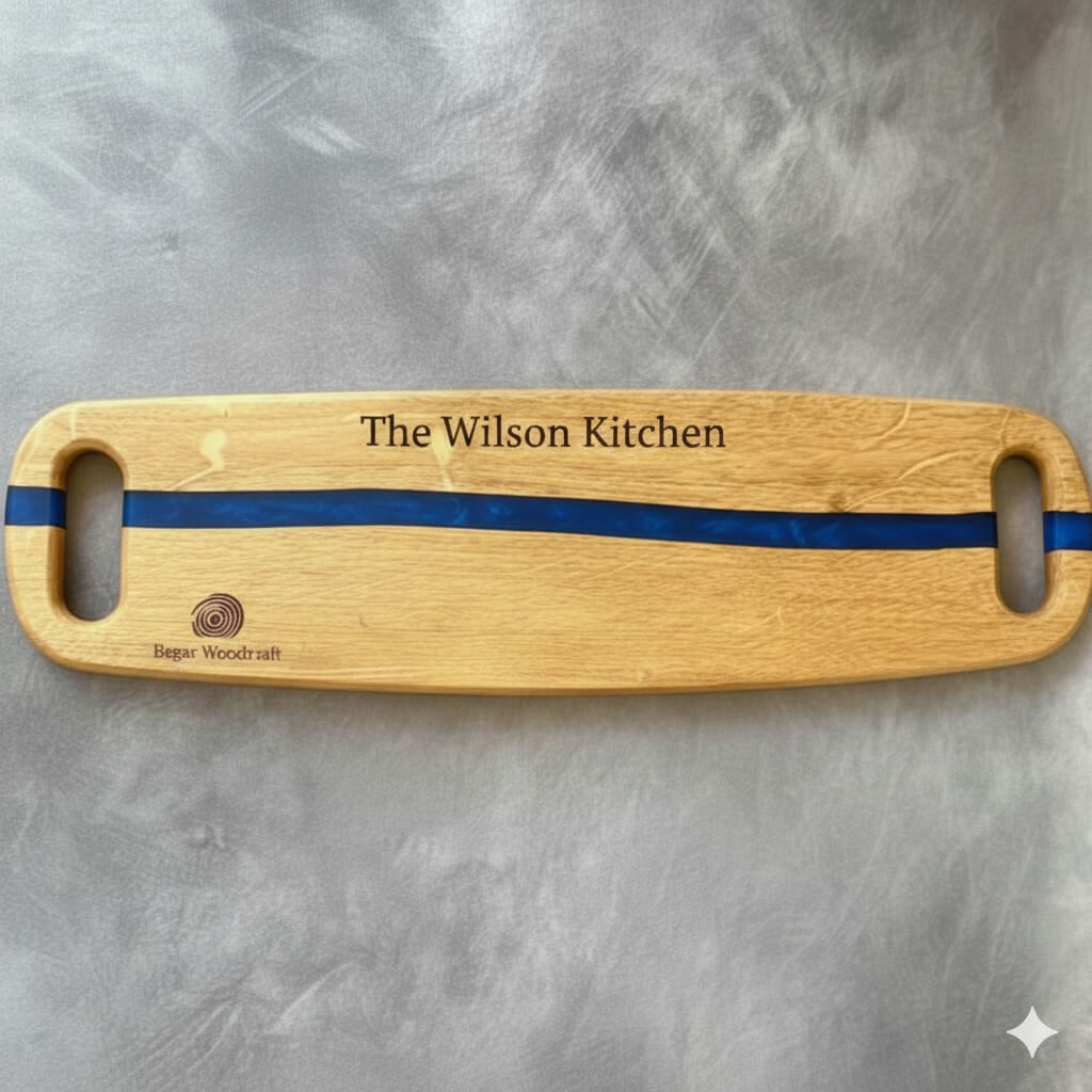 handmade oak charcuterie board with blue resin river laser engraved