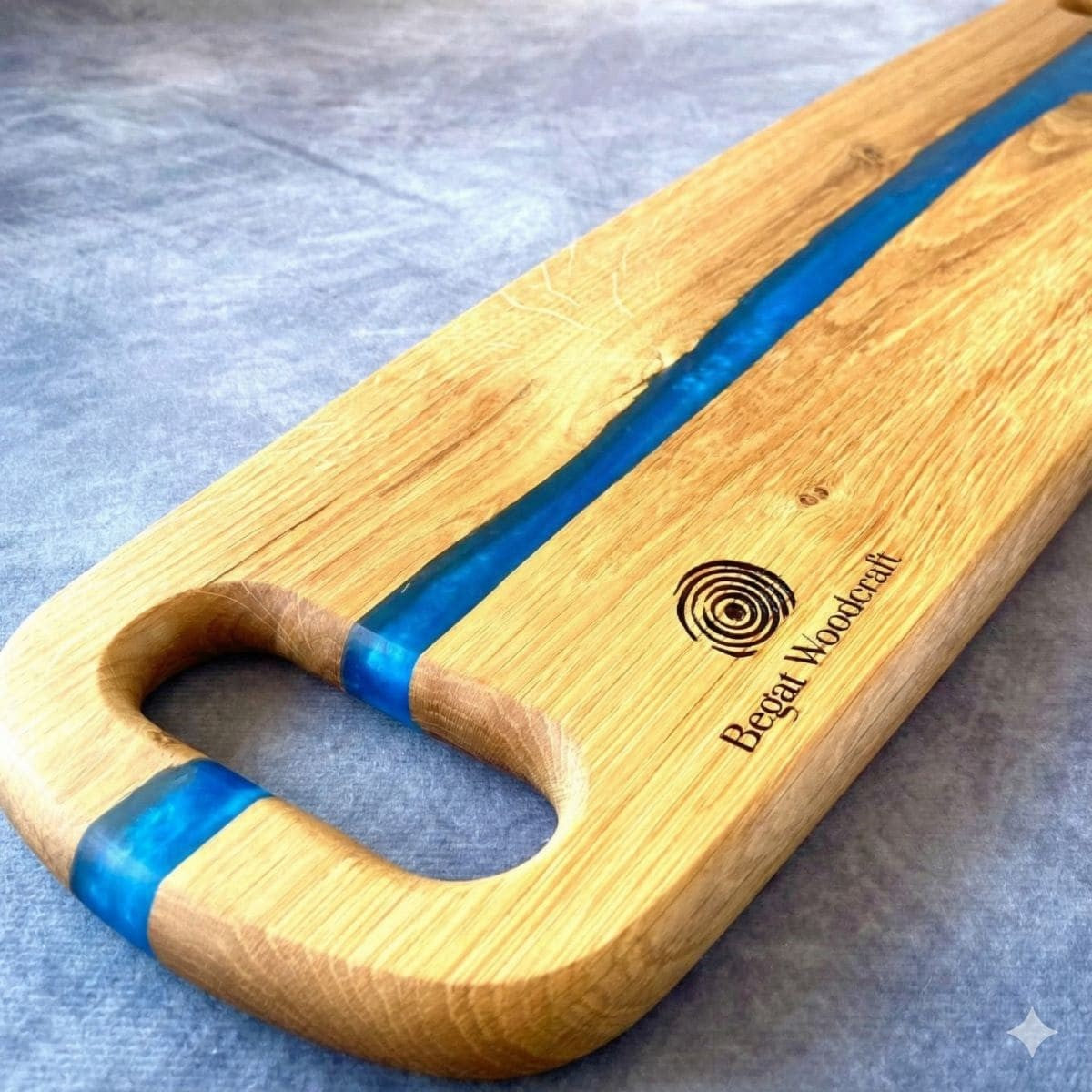 Handmade large oak and blue resin river charcuterie serving board UK