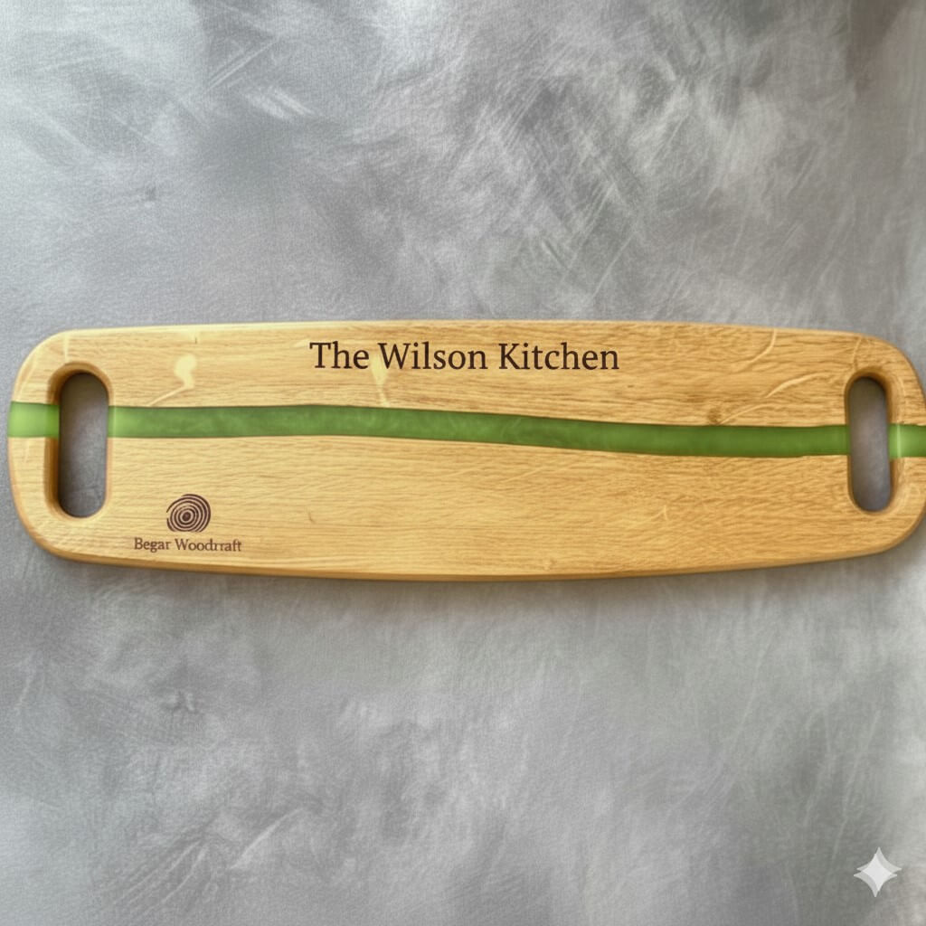 handmade oak charcuterie board with green resin river laser engraved