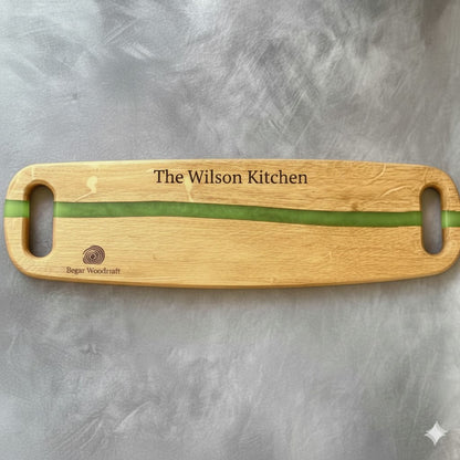 handmade oak charcuterie board with green resin river laser engraved