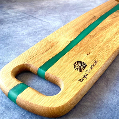 Handmade large oak and green resin river charcuterie serving board UK