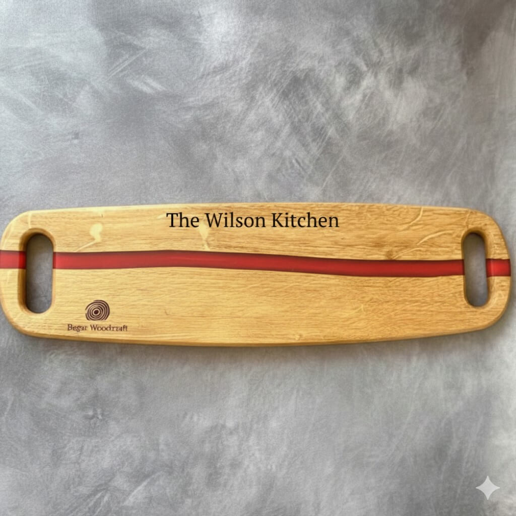 handmade oak charcuterie board with red resin river laser engraved
