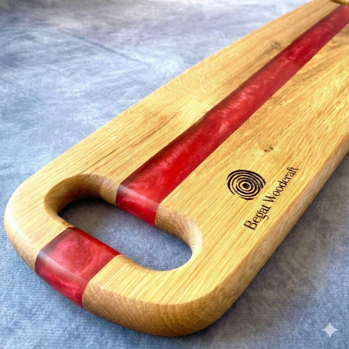 Handmade large oak and red resin river charcuterie serving board UK