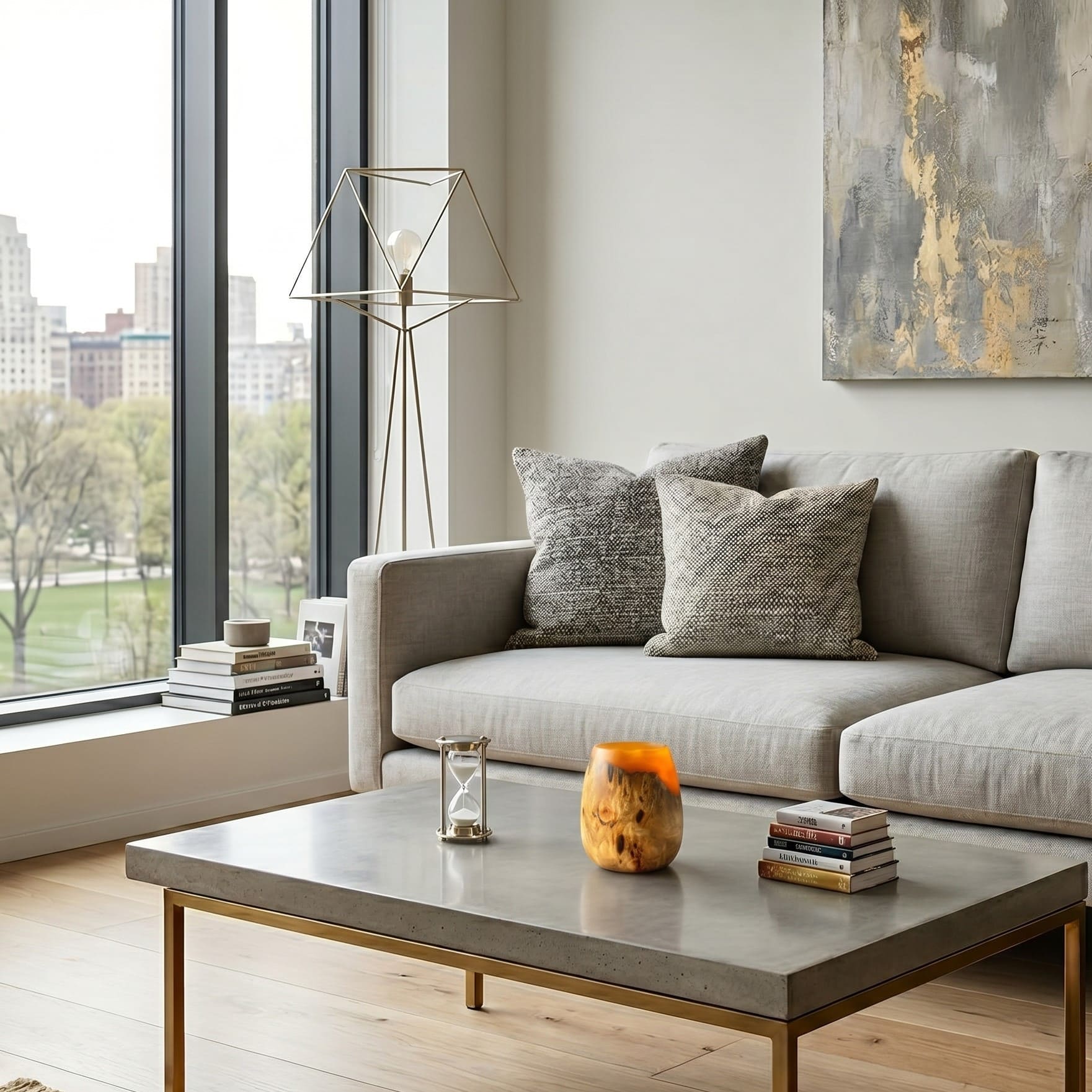 Modern living room with a gray sofa, coffee table, and decorative items.