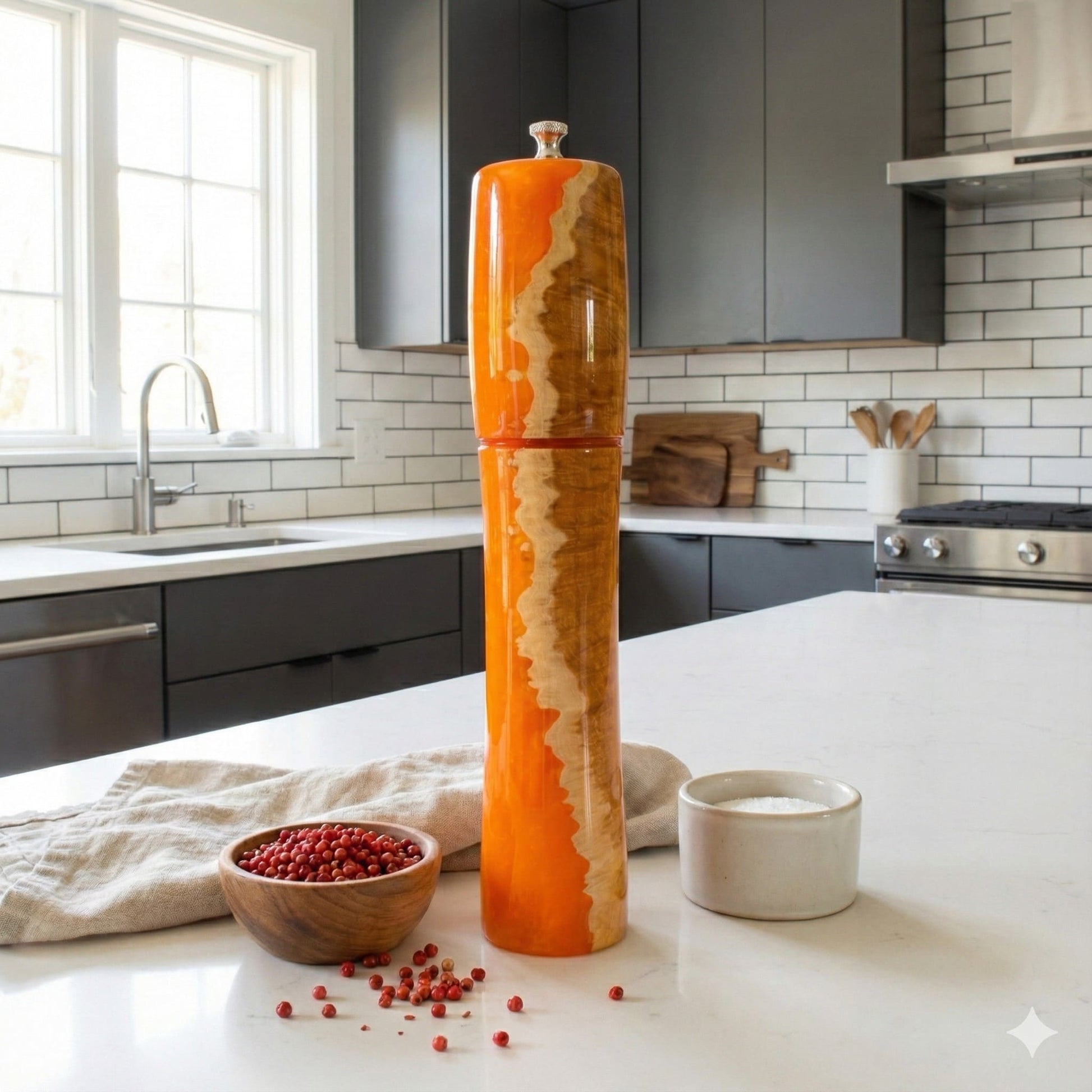 Large luxury orange and wood pepper mill displayed on kitchen counter